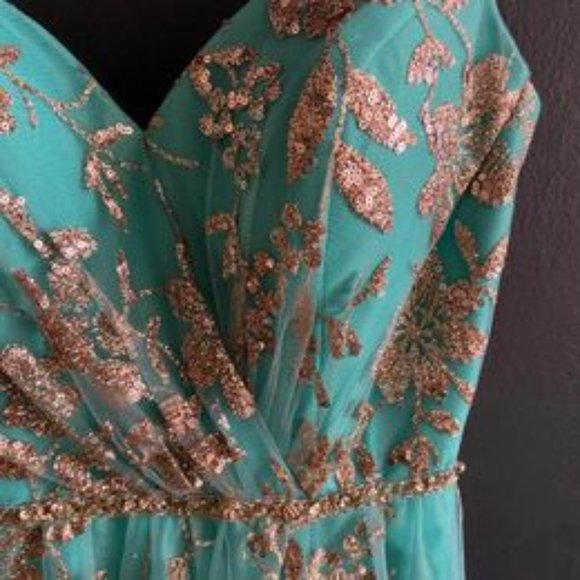 Teal and Gold Floral Prom Dress - Picture 6 of 10